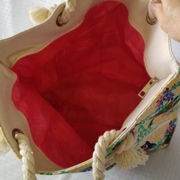 Canvas tote travel market bag owls rope handle zip closure red green yellow blue - Picture 8 of 12